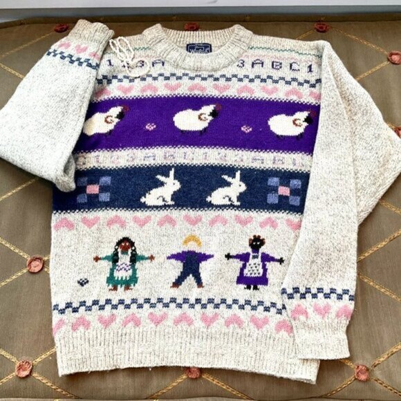 Woolrich Sweater Wool Blend Pastel Bunny Kids Sheep Hearts Crew Neck Vintage (L) - Picture 4 of 7